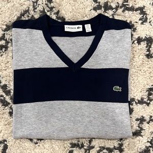 🐊 Lacoste V-neck Rugby striped cotton sweater navy and gray Size XL